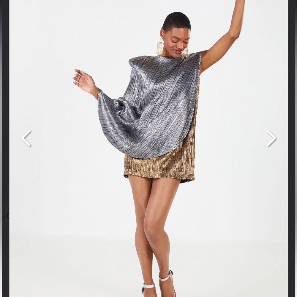 Silver and gold lamé layered asymmetrical mini dress.